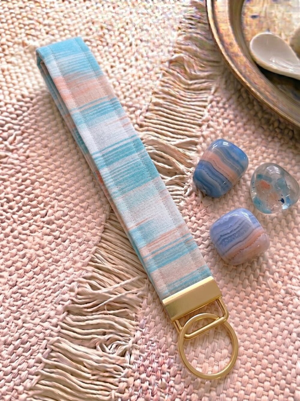 New Handmade Pastel Turquoise Blue Peach Ikat Fabric Key Fob Wristlet Keychain